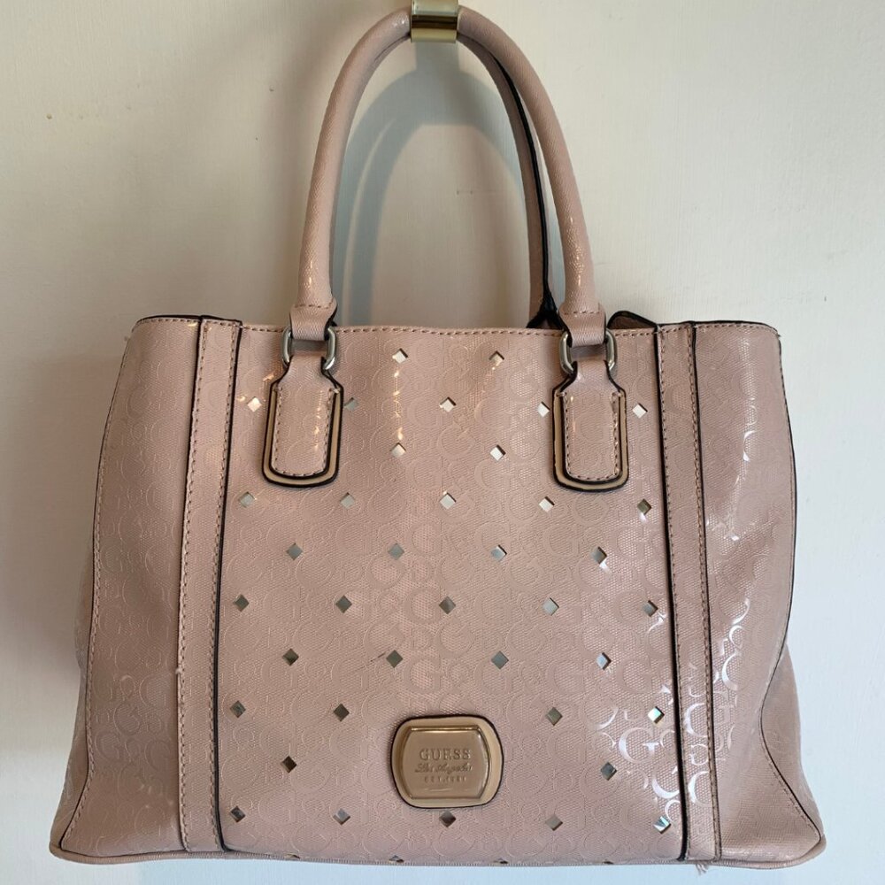 GUESS PINK FAUX LEATHER 3-COMPARTMENT SHOULDER BAG WITH LEOPARD INTERIOR